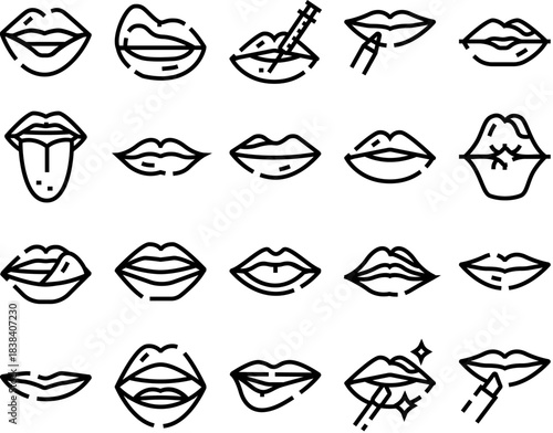 Lips beauty cosmetic procedures and makeup line icons set