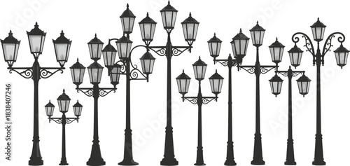 Collection of vintage decorative street lamps with ornate metal designs and glowing lanterns for urban outdoor lighting, architecture, landscape and design projects