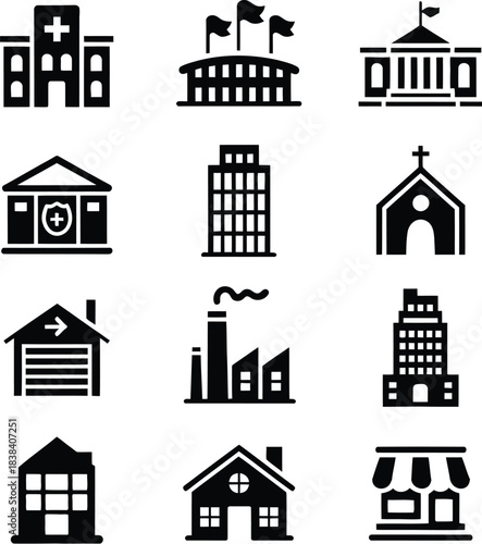 Modern vector icons of diverse architectural buildings hospital, church, home, office, factory, shop. Ideal for design, urban planning, and web applications