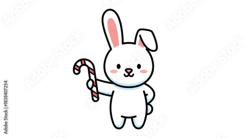 Cute cartoon white bunny holding a candy cane a sweet illustration for holiday and winter themes isolated on a white background