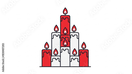 Pyramid of red and white candles festive holiday decoration simple flat vector illustration for celebration and Christmas themes