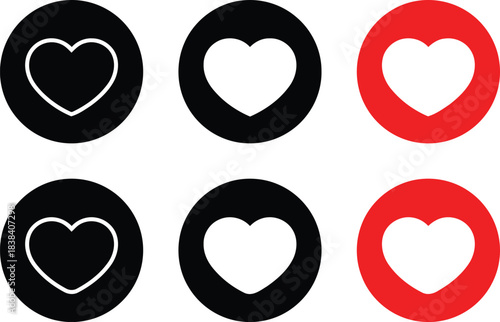heart, love, like, favorite, symbol, icon, set, collection, black, red, white, outline, filled, Valentines Day, romance, emotion, positive, feedback, social media, approval, rating, design