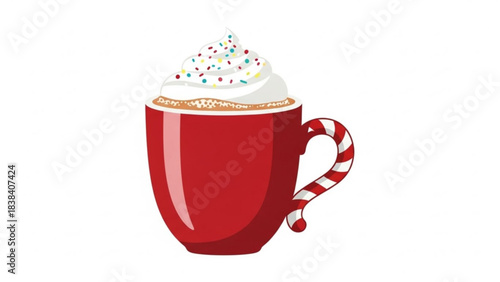 Red mug of hot chocolate with whipped cream and sprinkles festive holiday drink illustration for winter season and Christmas celebrations isolated on white