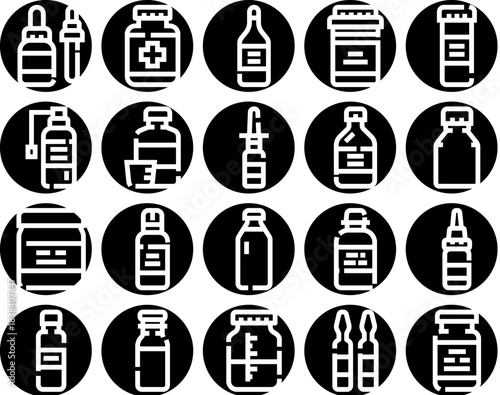 Medicine pharmacy pharmacology healthcare bottles line icon set