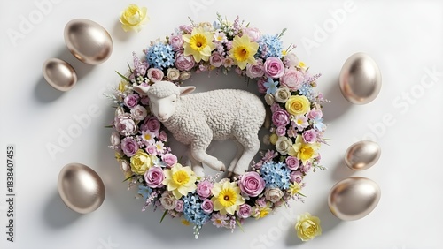 Pastel Floral Easter Wreath with White Lamb Figurine and Metallic Eggs