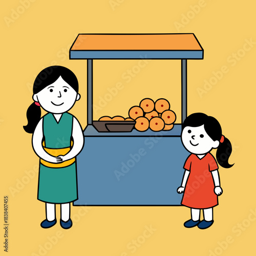 Two girls standing by a colorful food cart with sweet treats displayed