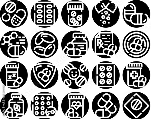 Medicine pills and tablets glyph icons collection