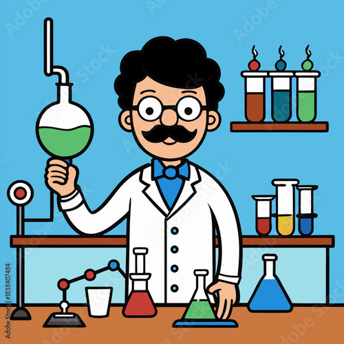 Cartoon scientist conducting experiments with colorful liquids in a laboratory setting