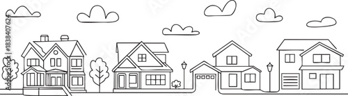 Charming handdrawn suburban street panorama featuring various family homes and puffy clouds line art illustration