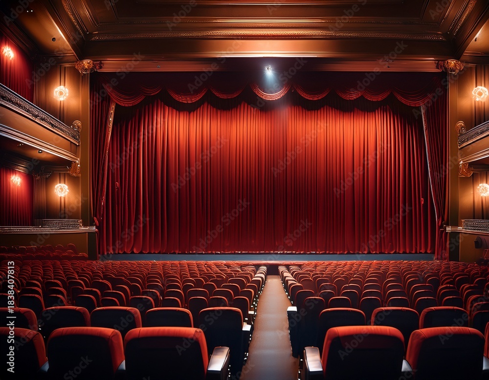 Fototapeta premium chatgpt a dimly lit empty movie theater with red curtains closed viewed from behind the rows of unoccupied seats facing the stage