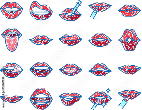 Lips expression, beauty, makeup and cosmetic procedures doodle icons