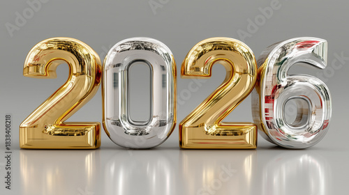 3D-rendered typographic design of the year 2026 with gold and silver metallic digits on a gradient background
