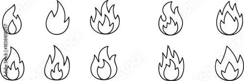 Collection of diverse fire flame outline icons representing heat energy and warning symbols in various styles