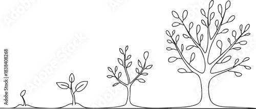Continuous line art drawing showing tree growth stages from a tiny sprout to a majestic mature plant