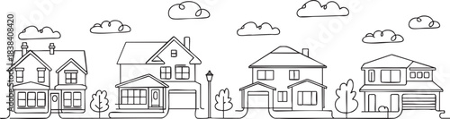 Continuous line drawing featuring a charming suburban neighborhood street with diverse houses trees and fluffy clouds