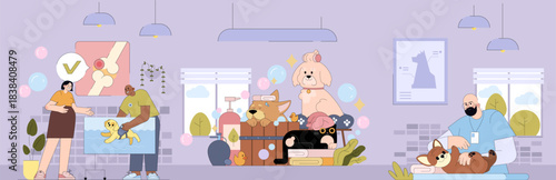 Veterinary Clinic Activities with Pets Vector Illustration