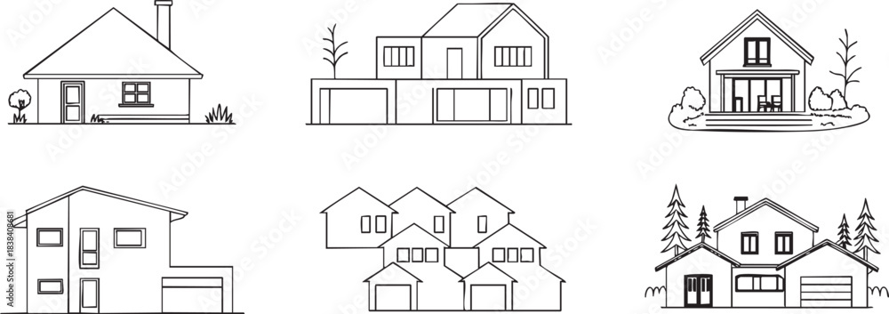 Obraz premium Detailed architectural collection of various modern and traditional residential houses line art icons displaying home types