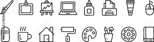 Creative design art office home and technology supplies vector line art icon set a diverse collection