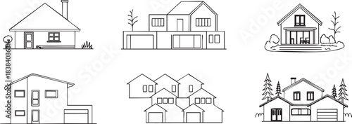 Detailed architectural collection of various modern and traditional residential houses line art icons displaying home types