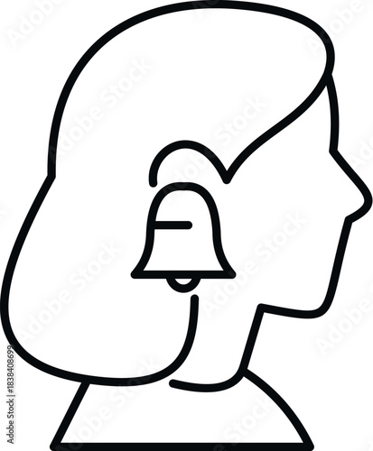 Woman's head outline showing a bell icon near the ear, representing tinnitus or hearing issues