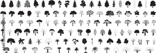 Diverse collection of many different tree silhouettes offering various natural plant illustrations for design projects