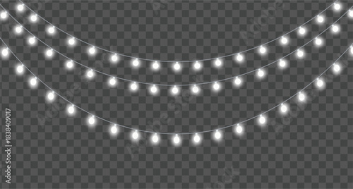 String of glowing christmas lights or party bulbs hanging in three curved rows