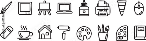 Diverse collection of creative artistic tools technology and home leisure line art icons vector illustration set