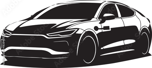 Black and white silhouette of a modern electric car front three-quarter view automobile