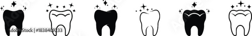 tooth, dental, clean, hygiene, white, black, icon, symbol, health, care, sparkle, shine, healthy, mouth, smile, dentistry, medical, vector, graphic, illustration, set, collection, icons