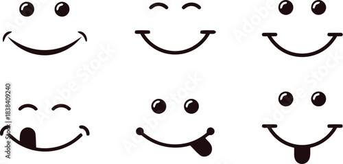 smiley, face, emoticon, expression, happy, sad, winking, tongue out, cheerful, icon, symbol, graphic, design, vector, illustration, set, collection, emotion, feeling, character, simple, black and whit