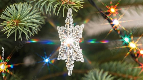 Crystal snowflake Christmas ornament sparkling with rainbow flares, macro.