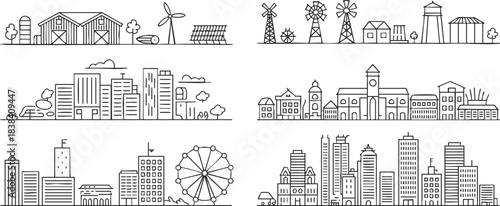 Diverse urban and rural landscape icon set featuring city skylines farm scenes and renewable energy illustrations in a simple line art style