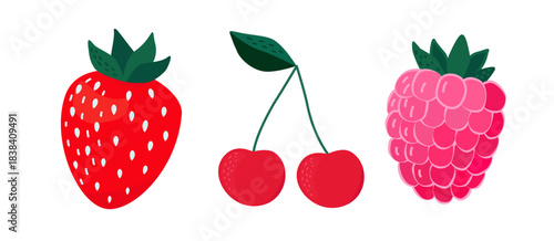 Playful hand-drawn berry trio set features bright red strawberry, cherry pair, and pink raspberry with  green leaves in modern flat cartoon style on white background. For food icons, packaging, menus.