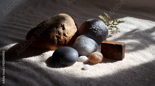 A serene arrangement of various stones on a sandy surface, illuminated by soft light, creating a calming natural aesthetic.