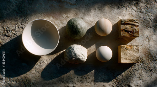 A minimalist arrangement of various geometric shapes, including spheres and cubes, casting soft shadows on a textured surface.