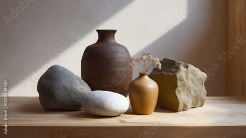 A serene composition of pottery and natural stones on a wooden shelf, illuminated by soft light, creating a peaceful and artistic ambiance.
