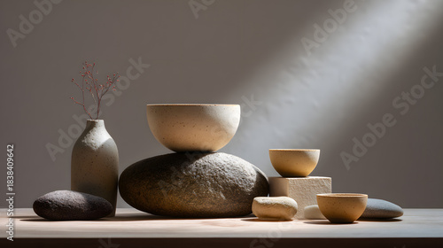 A serene arrangement of pottery and stones, showcasing organic shapes and textures under soft lighting.