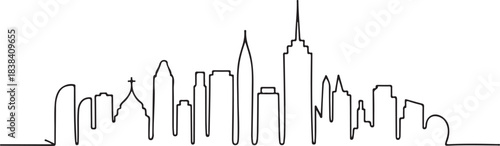 Black and White One Line Skyline Drawing with Iconic City Landmarks in Smooth Minimal Monochrome Vector Illustration