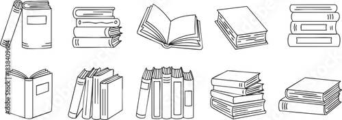 Handdrawn doodle style collection of various books open and closed in stacks and rows for education