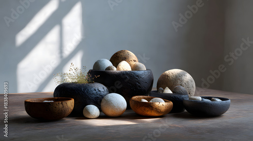 A serene arrangement of textured bowls filled with smooth stones, bathed in soft natural light, creating a calm and minimalist aesthetic.
