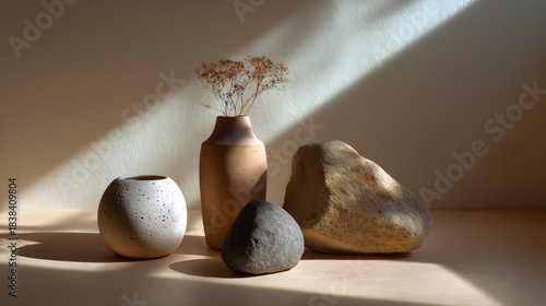 A serene arrangement of textured pottery and stones, illuminated by soft sunlight, creating a calm and minimalist aesthetic.