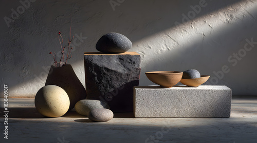 A serene arrangement of stones and ceramic bowls casts soft shadows, showcasing natural textures and earthy tones in a minimalist setting.
