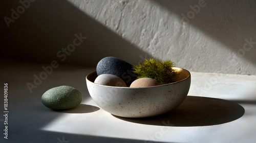 A serene arrangement of smooth stones and moss in a bowl, illuminated by gentle light, creating a tranquil atmosphere.