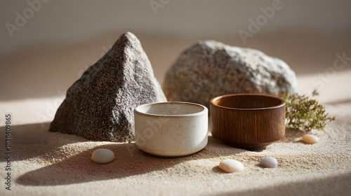 A serene arrangement of stone and wooden bowls, accompanied by pebbles, set against a sandy background, evoking a sense of tranquility and natural beauty.