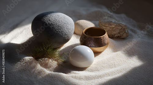 A tranquil arrangement of stones, an egg, and a bowl on soft sand, illuminated by gentle light, creating a serene and minimalist atmosphere.