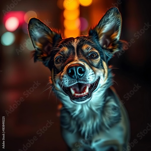 A mischievous mutt emerges from darkness, moonlit fur catching ethereal glimmers, an impish grin ,  mystery,  eerie