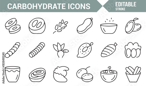 Clean Line Icons Representing Carbohydrate-Rich Foods Including Roots, Bowls, Fruits, Seeds, and Snacks