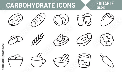 Healthy Carbohydrate Vector Icons Depicting Grains, Tubers, Fruits, Legumes, and Nutritious Ingredients