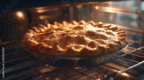 A delectable apple pie baking in an oven. The crust is golden brown and the filling looks irresistibly delicious
