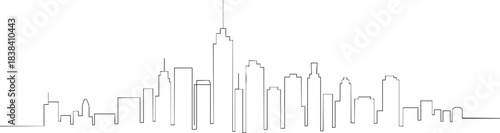 Minimalist continuous line art drawing of a modern city skyline cityscape featuring numerous tall buildings and skyscrapers